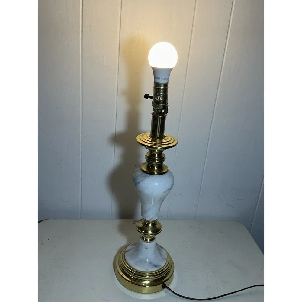 Vintage White Marble Brass Table Lamp MCM Hollywood Regency 22